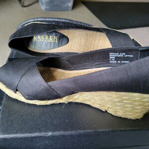 "Lauren Ralph Lauren Cecilia" Shantung Black Wedge Espadrilles  s 8.5
